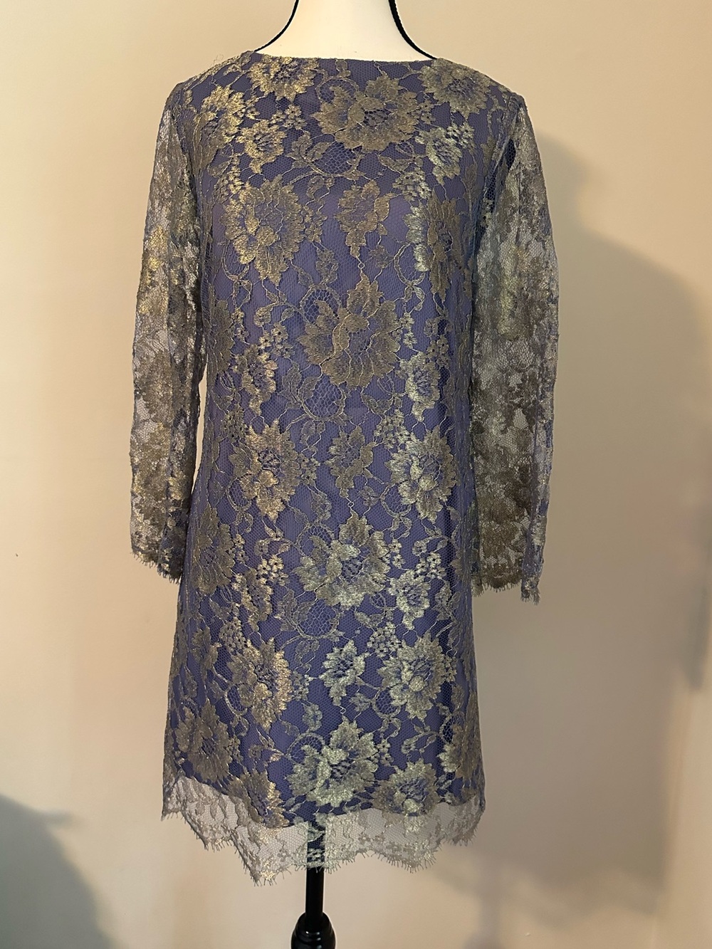 Tibi Purple Shift Dress with Gold Floral Lace